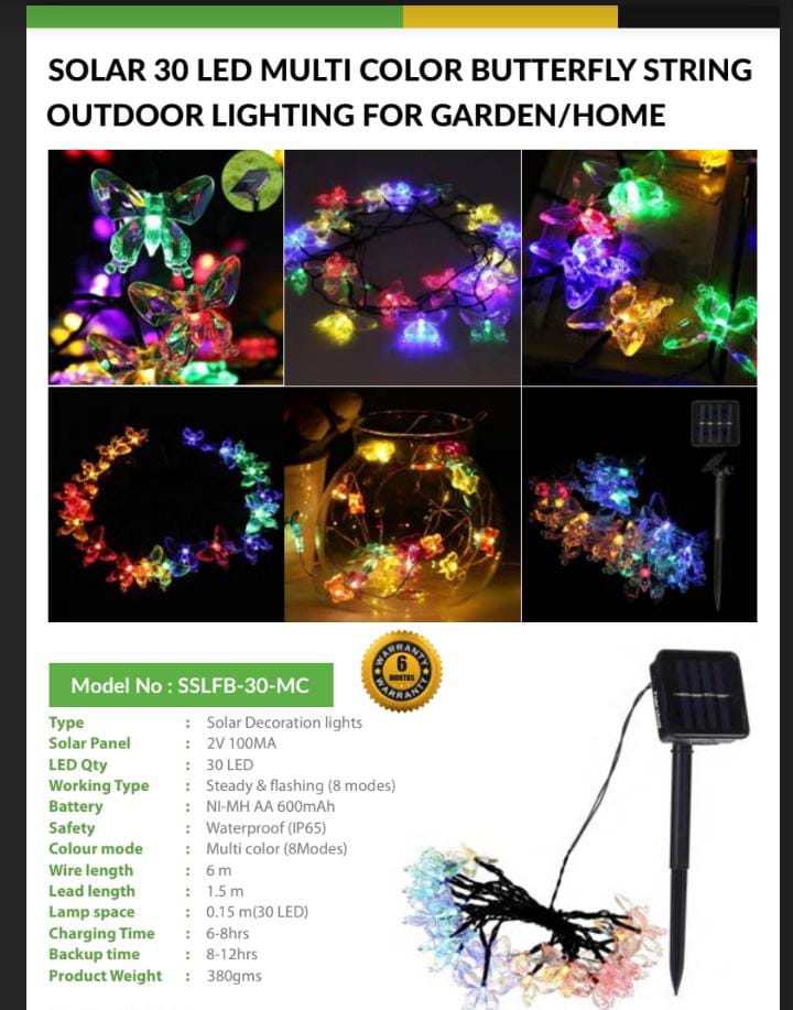 SOLAR 30 LED MULTI COLOR BUTTERFLY STRING OUTDOOR LIGHTING GARDEN/HOME 