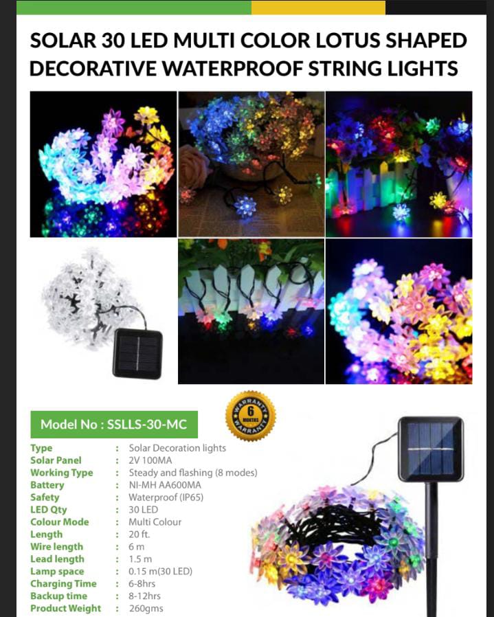 SOLAR 30 LED MULTI COLOR LOTUS SHAPED DECORATIVE WATER PROOF STRING LIGHT 