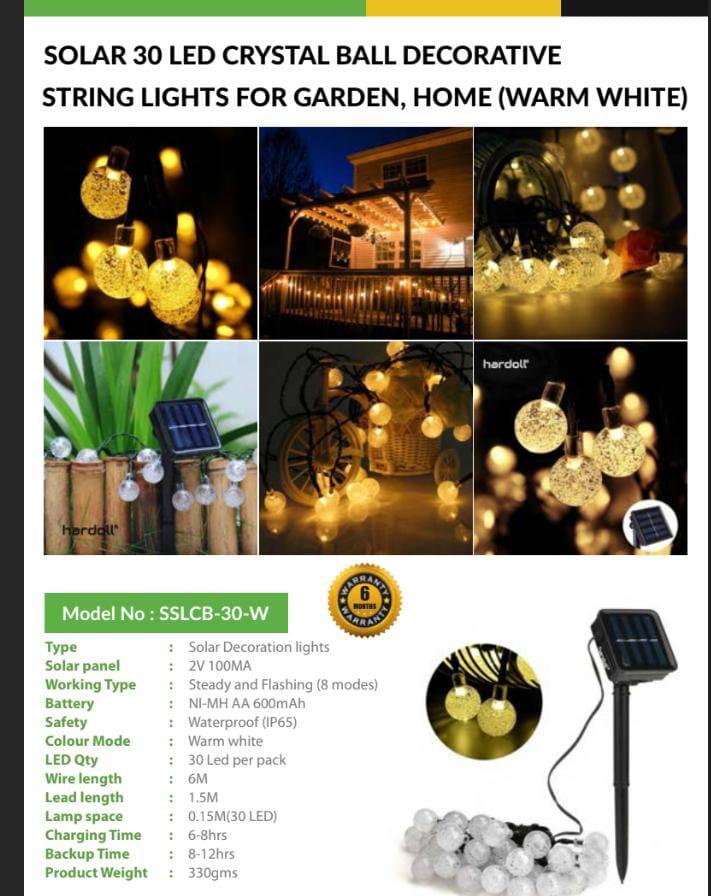 SOLAR 30 LED CRYSTAL BALL DECORATIVE STRING LIGHT FOR GARDEN, HOME (WARM WHITE)