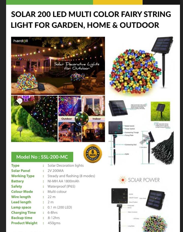 SOLAR 200 LED MULTI COLOR FAIRy STRING LIGHT FOR GARDEN, HOME AND OUTDOOR 