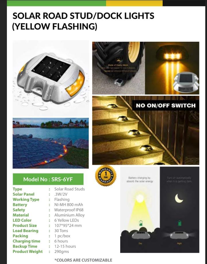 SOLAR ROAD STUD/DOCK LIGHTS (YELLOW FLASHING)