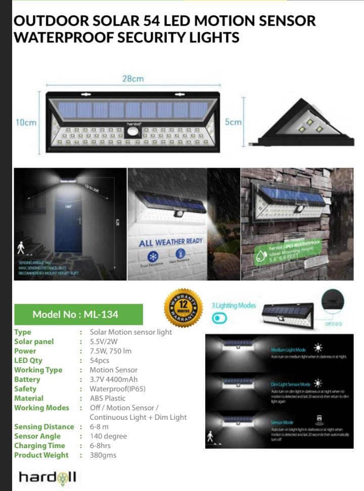 OUTDOOR SOLAR 54 LED MOTION SENSOR WATER PROOF SECURITY LIGHTS