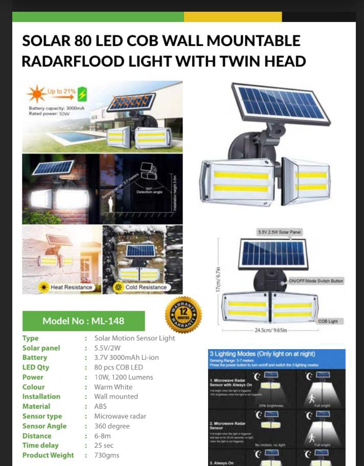 SOLAR 80 LED COB WALL MOUNTABLE RADAR FLOOD   LIGHT WITH TWIN HEAD 